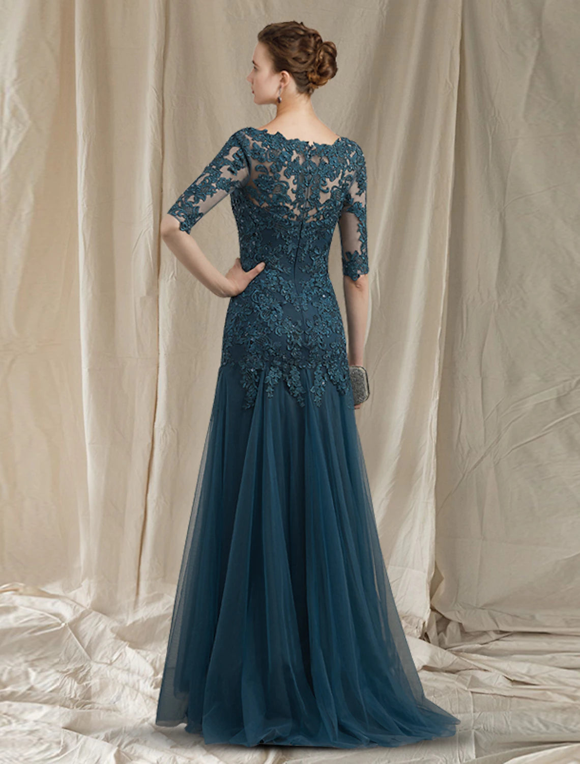 A-Line Mother of the Bride Dress Elegant V Neck Sweep / Brush Train Lace Tulle Half Sleeve No with Ruffles Appliques 2023